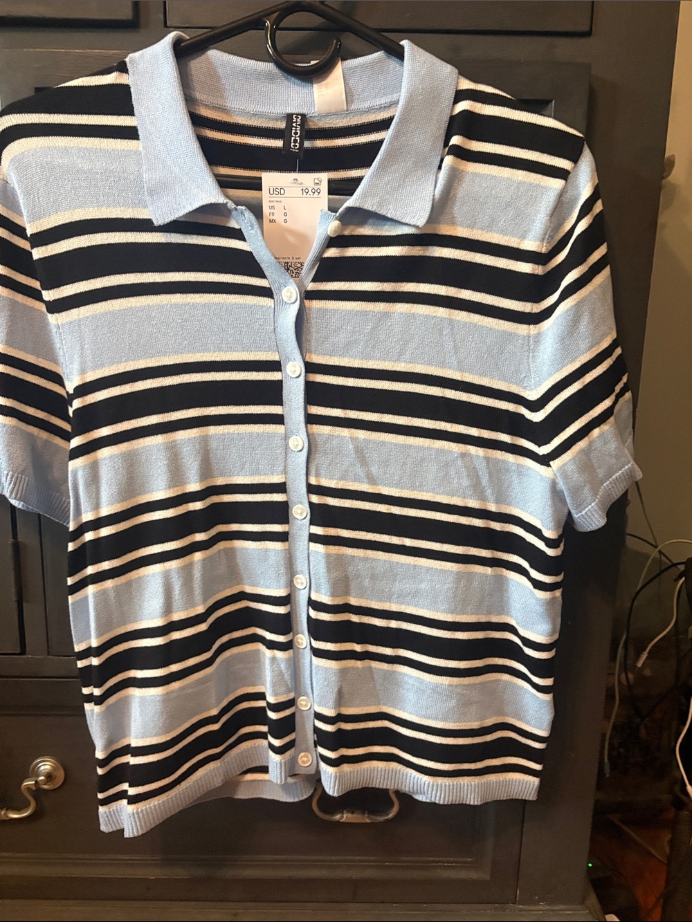 H&M Light Blue and Black Striped Short Sleeve Polo Button-Up